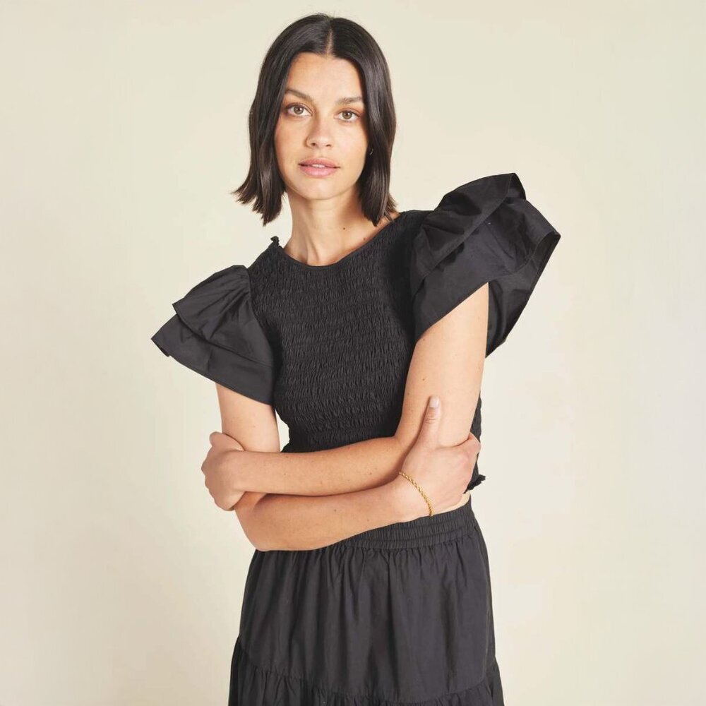 Trovata Cerise Top Black Smocked Bow Back Ruffle Sleeve Cotton Blouse Size S